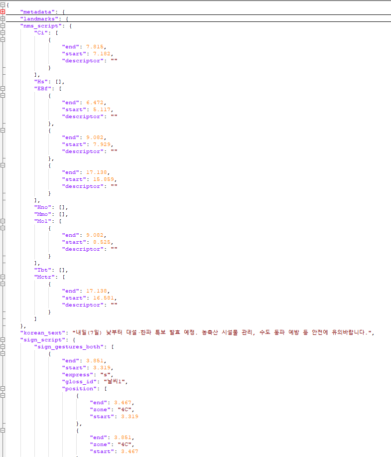 재난 안전 정보 전달을 위한 수어영상- 데이터 예시- json