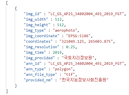 토지 피복지도 항공이미지 메타데이터