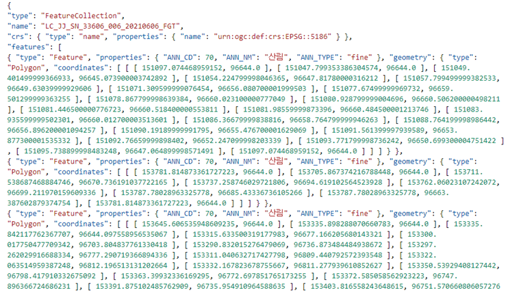 토지 피목지도 위성 이미지 JSON 