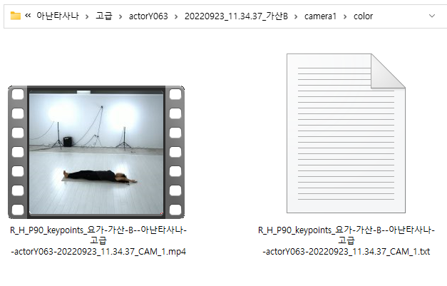 동작 영상 데이터 포맷 mp4 예시 영상 데이터 mp4와 txt파일과 저장 위치 이미지