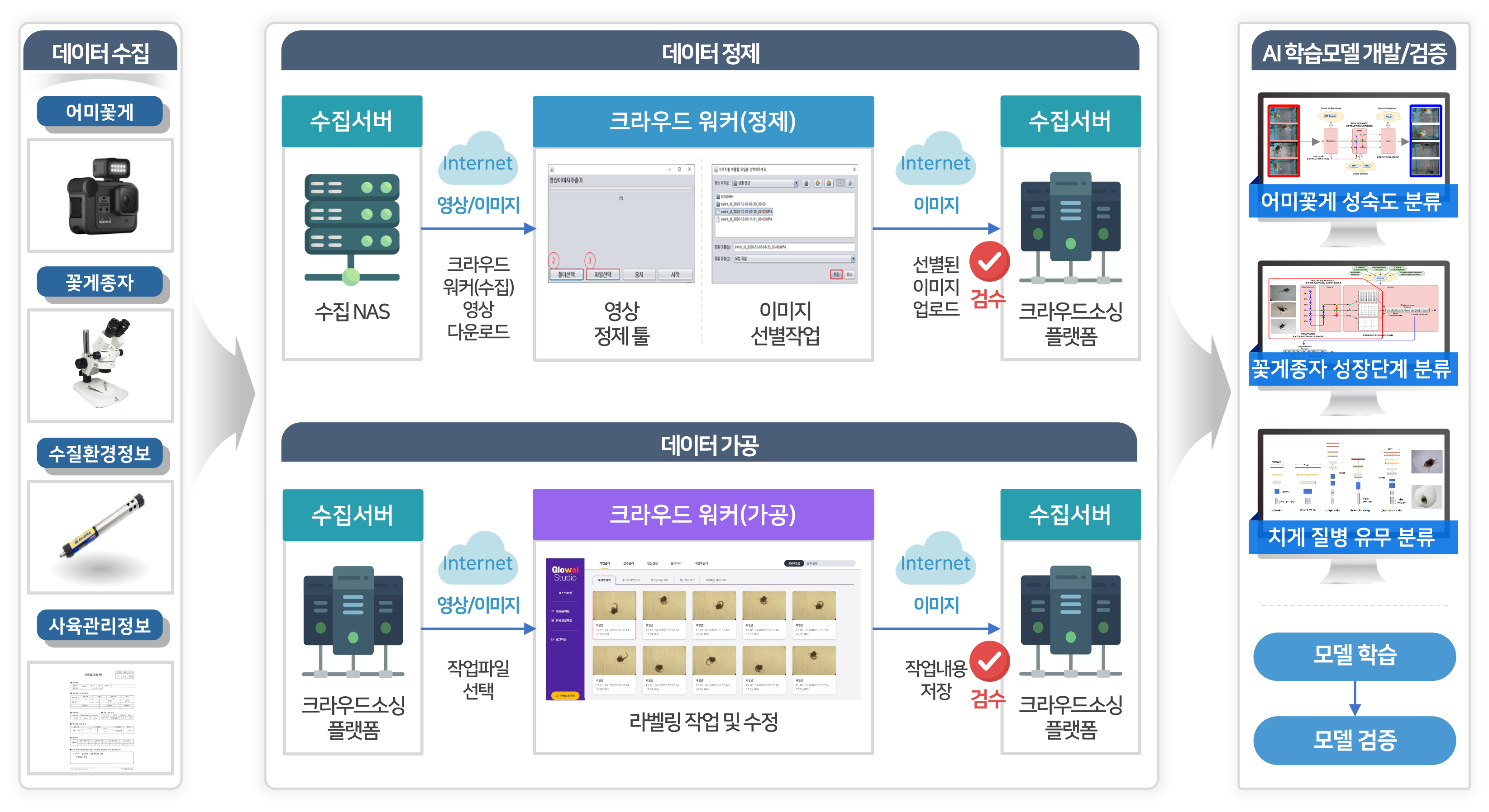 데이터 수집 어미꽃게 꽃게종자 수질환경정보 사육관리정보 데이터정제 수집서버 수집NAS 크라우드 워커(수집)영상 다운로드 크라우드 워커(정제)영상 정제 툴 이미지 선별작업 선별된 이미지 업로드 검수 크라우드 소싱 플랫폼 데이터가공 수집서버 크라우드소싱 플랫폼 영상/이미지 작업파일 선택 크라우드 워커(가공) 라벨링 작업 및 수정 이미지 작업내용 저장 검수 수집서버 크라우드 소싱 플랫폼 ai학습모델 개발/검증 어미꽃게 성숙도 분류 꽃게종자 성장단ㄱ계 분류 치게 질병 유무 분류 모델 학습 모델 검증