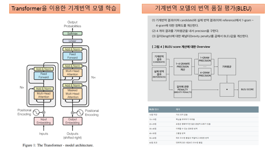 특화 번역모델의 번역품질 평가 방안으로 BLEU 평가 활용 도식화 이미지