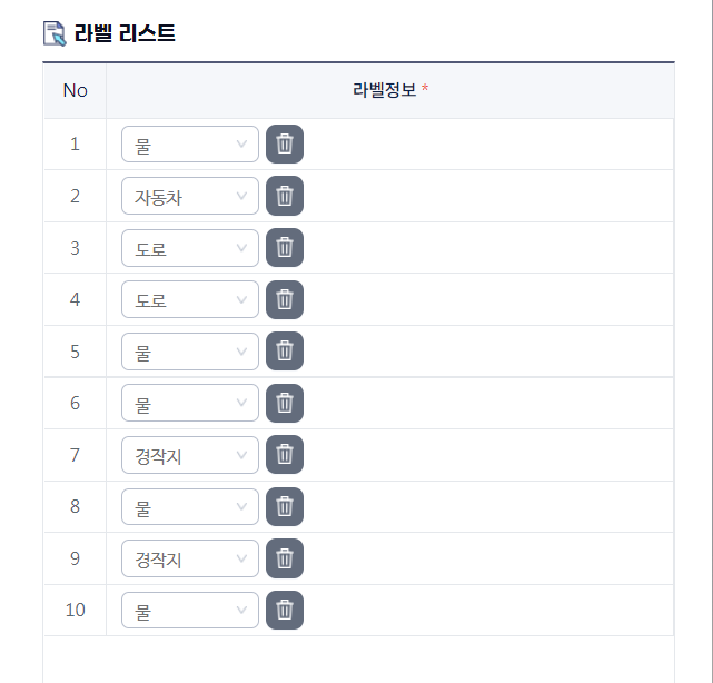 라벨 리스트 1 물 2 자동차 3 도로 4 도로 5 물 6 물 7 경작지 8 물 9 경작지 10 물