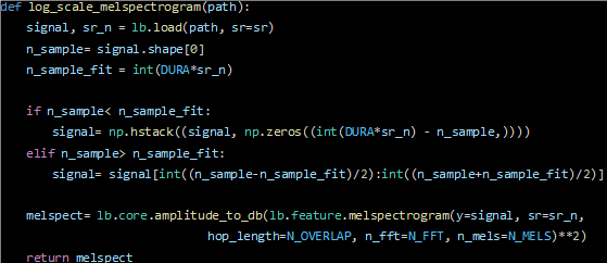 Feature 및 파라미터 def log_scale_melspectrogram(path)