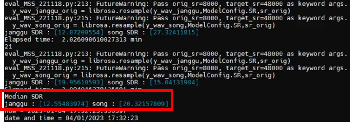 테스트 셋 검증 결과 Median SDR janggu : [12.55483974] song : [20.32157809]