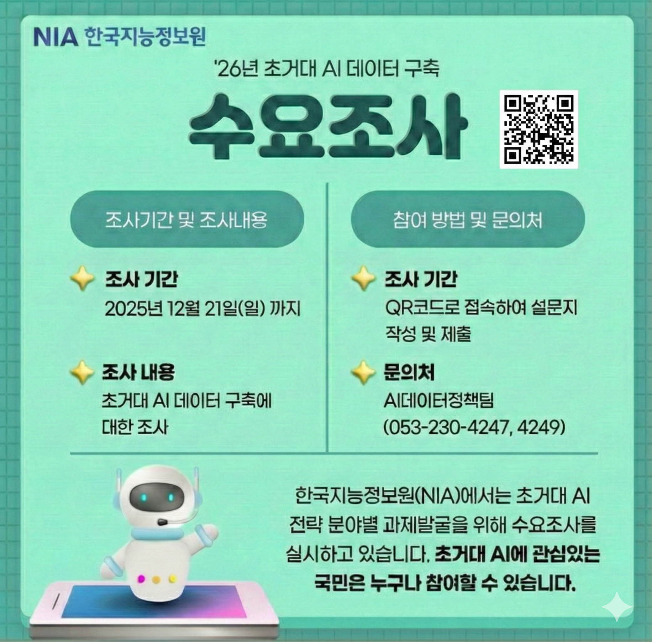 NIA 한국지능정보원 ‘26년 초거대 AI 데이터 구축 수요조사 조사기간 및 조사내용 조사 기간 2025년 12월 21일(일) 까지 조사 내용 초거대 AI 데이터 구축에 대한 조사 참여 방법 및 문의처 조사 기간 QR코드로 접속하여 설문지 작성 및 제출 문의처 AI데이터정책팀 (053-230-4247, 4249) 한국지능정보원(NIA)에서는 초거대 AI 전략 분야별 과제발굴을 위해 수요조사를 실시하고 있습니다. 초거대 AI에 관심있는 국민은 누구나 참여할 수 있습니다.