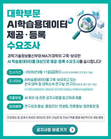 대학부문 AI 학습용데이터 제공·등록 수요조사 과학기술정보통신부와 NIA가 대학이 구축·보유한 AI 학습용데이터를 대상으로 제공·등록 수요조사를 실시합니다! • 조사기간: 2026년 9월 11일(금)까지 (수요조사 이후에도 추가 접수 가능) • 조사대상: 학습용데이터를 구축·보유하고 있는 전국 대학 및 대학 소속 연구실·연구자(단체 및 개인 모두 가능) ※ 구축이 완료되었거나 연내(2026년 12월) 구축이 완료되는 미개방 학습용데이터 • 제출방법: AI Hub 내 관련 공지사항을 참고하여 제출 • 참여혜택: 연구성과 홍보, 품질진단·컨설팅, 언론홍보·장관표창 등 민감정보 등 공개가 어려운 데이터의 경우, 안심존 및 안심구역을 통해 제한적으로 개방 예정 공지사항 바로가기